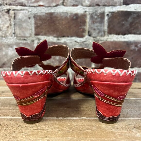 NIB Elite By Corkys 'Poppy' Red Leather Floral Heeled Sandal Sz 9 - Picture 7 of 13